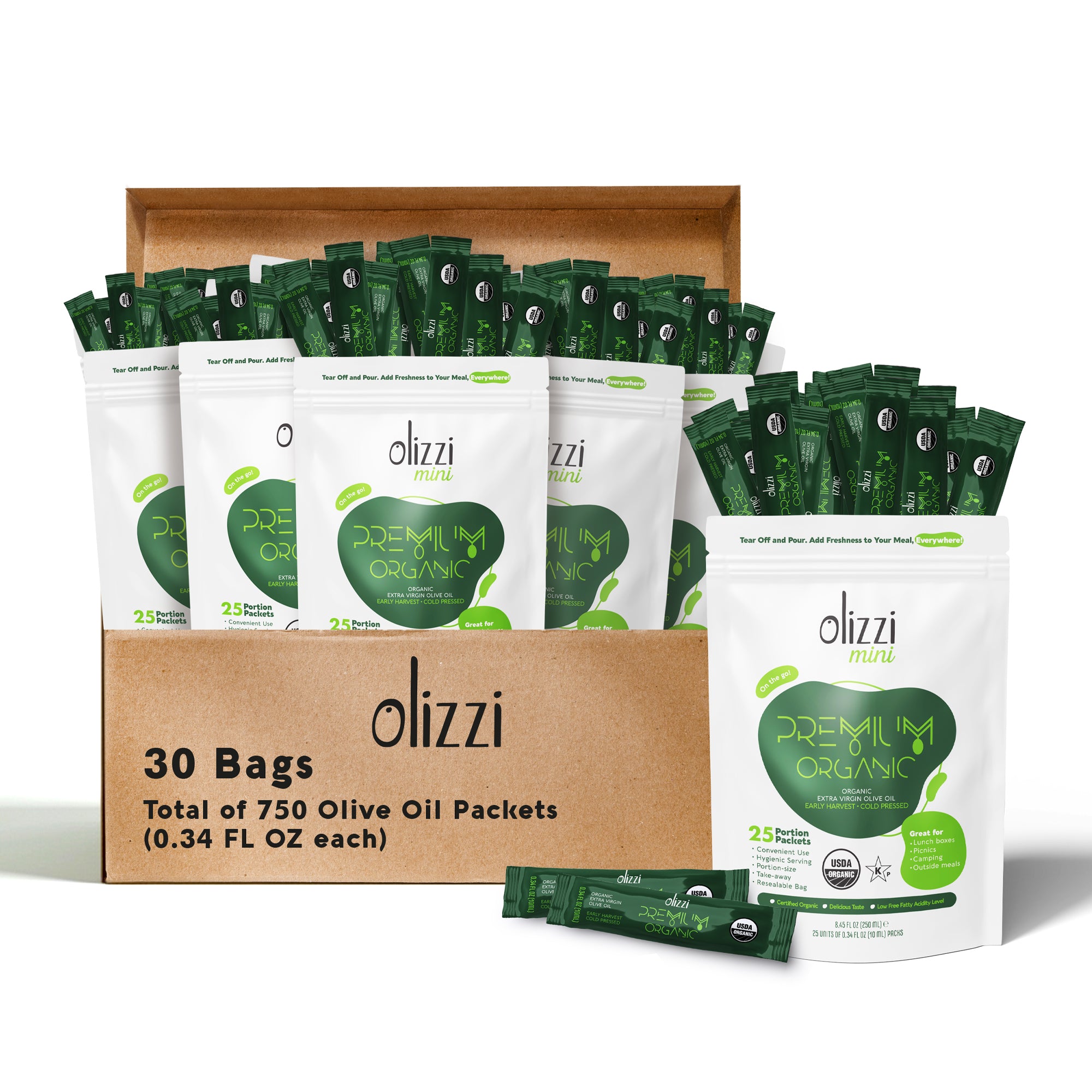 Olizzi Premium Organic Extra Virgin Olive Oil, Award Winner, Early Harvest, Cold Pressed Single Use Olive Oil Packets - 750 Packets (0.34 FL OZ / Each)