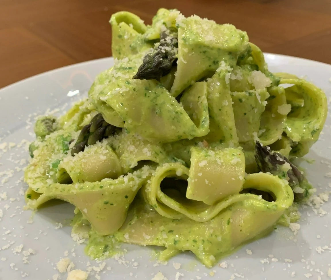 Olizzi Pasta Recipe with Basil Sauce and Asparagus