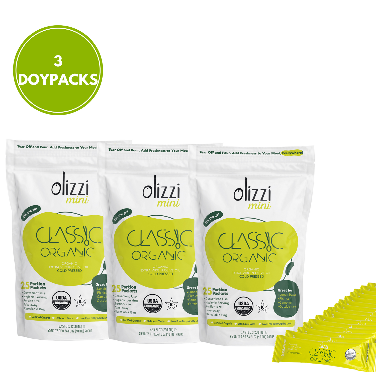 Olizzi Classic Organic Olive Oil Packets Extra Virgin Cold Pressed, New Harvest, Hand Picked, USDA Organic, Kosher, Smooth and Fruity EVOO, Salad Dressing, Individual Packets - 25 Single Use Packs