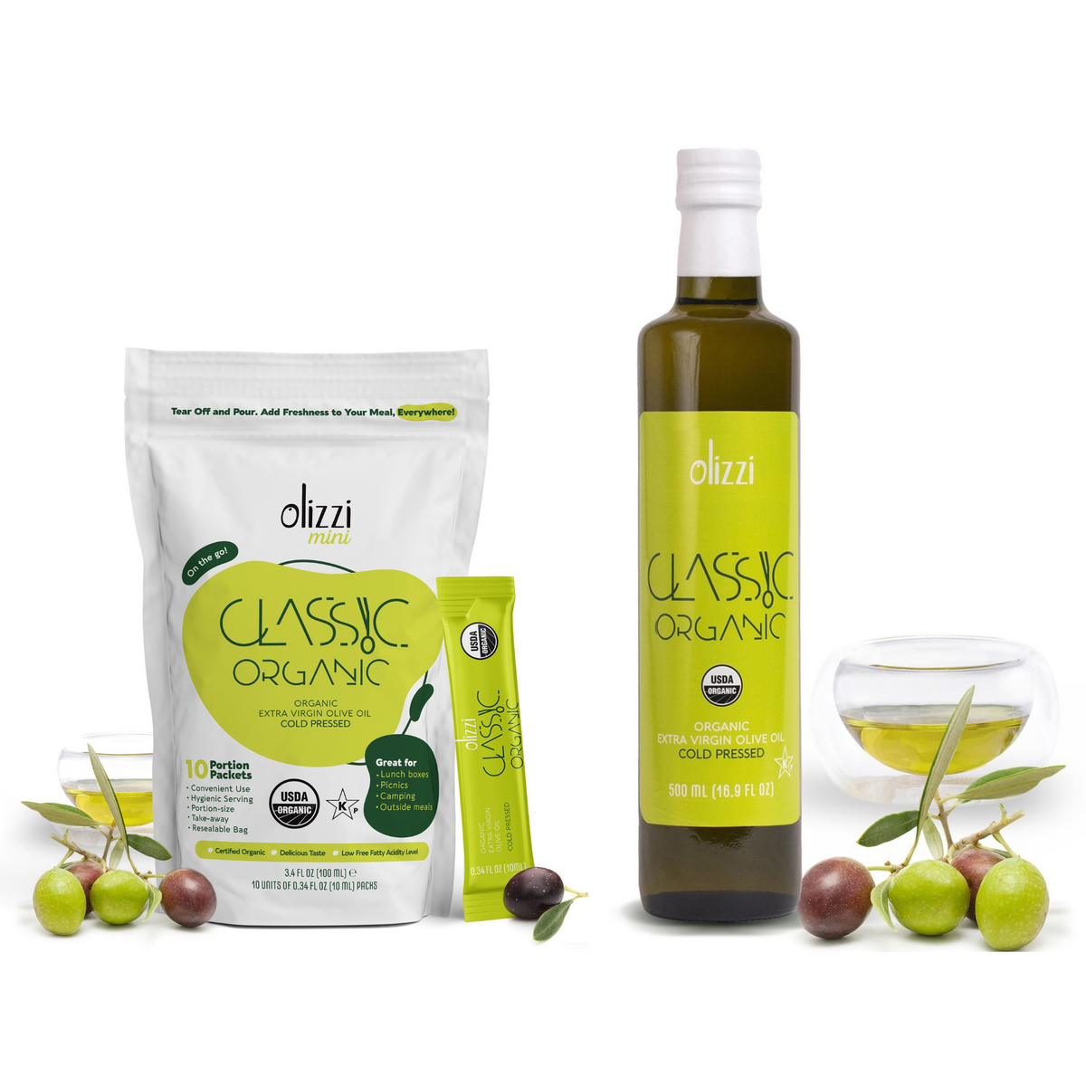 Olizzi Classic Organic Olive Oil Packets - 10 Packs and 16.9 Fl. Oz. Bottle