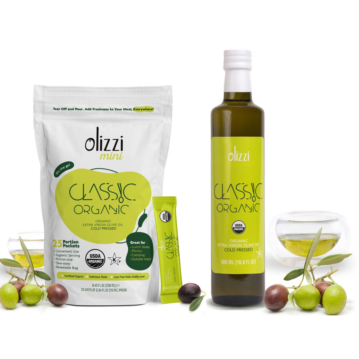 Olizzi Classic Organic EVOO 25 Packs &amp; 16.9 fl oz Glass Bottle