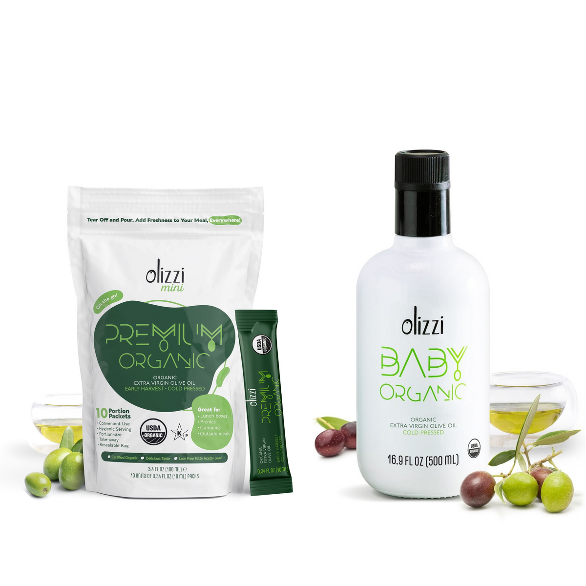 Olizzi Premium Organic EVOO 10 Packs &amp; Baby 16.9 fl oz Bottle