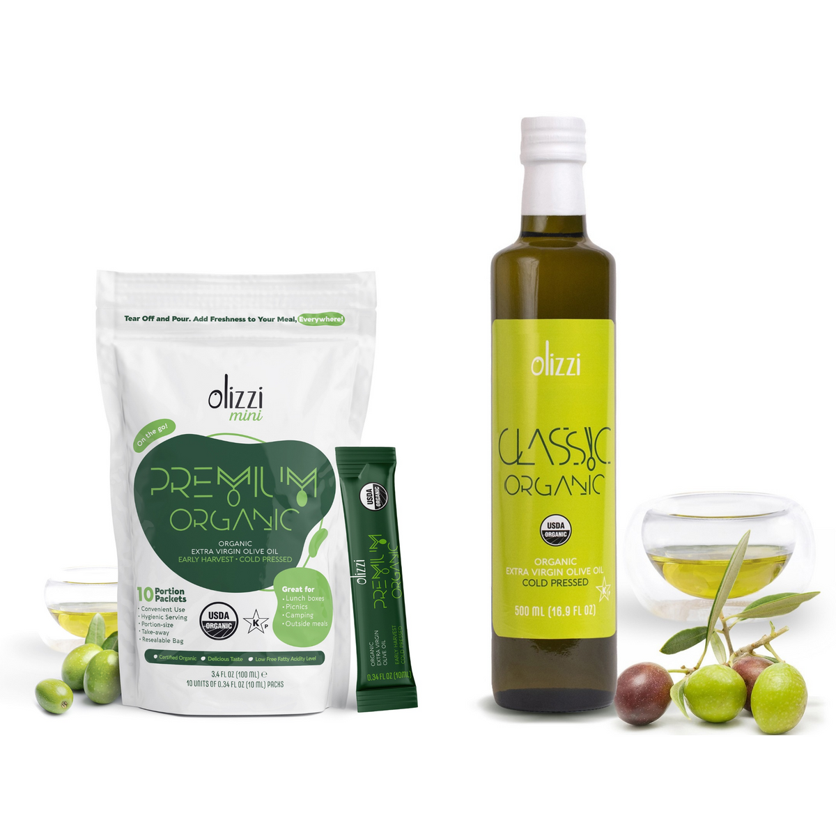 Olizzi Premium Organic EVOO 10 Packs &amp; Olizzi Classic Organic 16.9 oz Glass Bottle