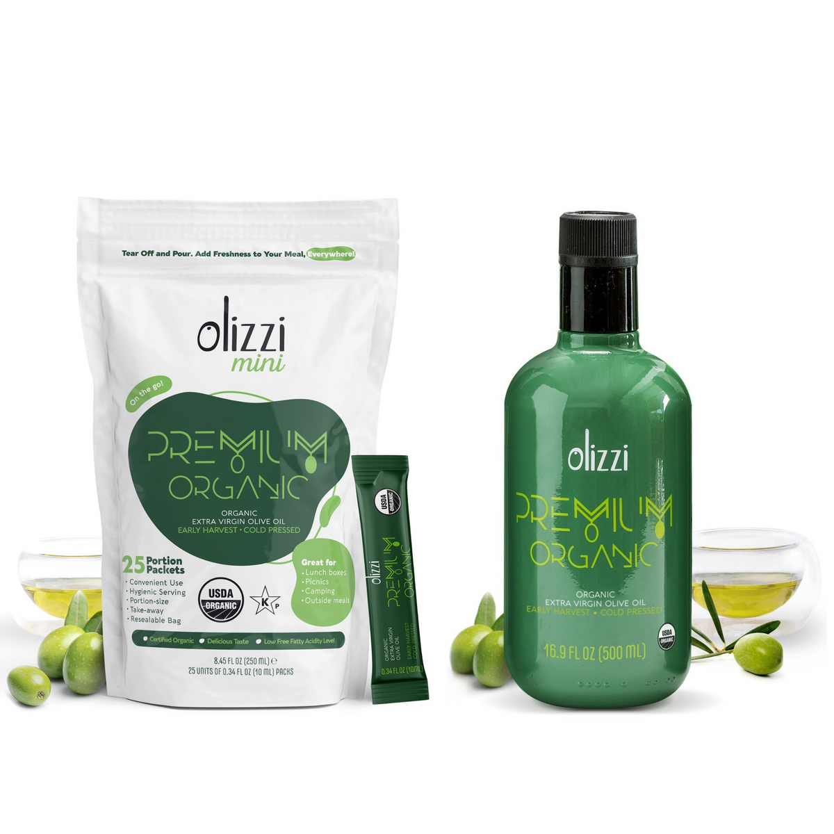 Olizzi Premium Organic EVOO 25 Packs &amp; 16.9 oz Glass Bottle