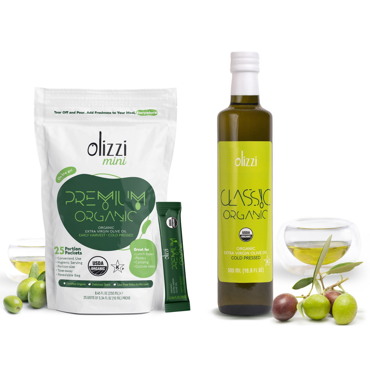 Olizzi Premium Organic EVOO 25 Packs &amp; Olizzi Classic Organic 16.9 oz Glass Bottle