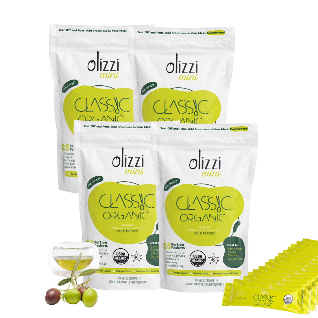 Olizzi Classic Organic Extra Virgin Olive Oil, Cold Pressed Single Use Olive Oil Packets - 4 Units of 25 Packs, 0.34 FL OZ X 100 Unit