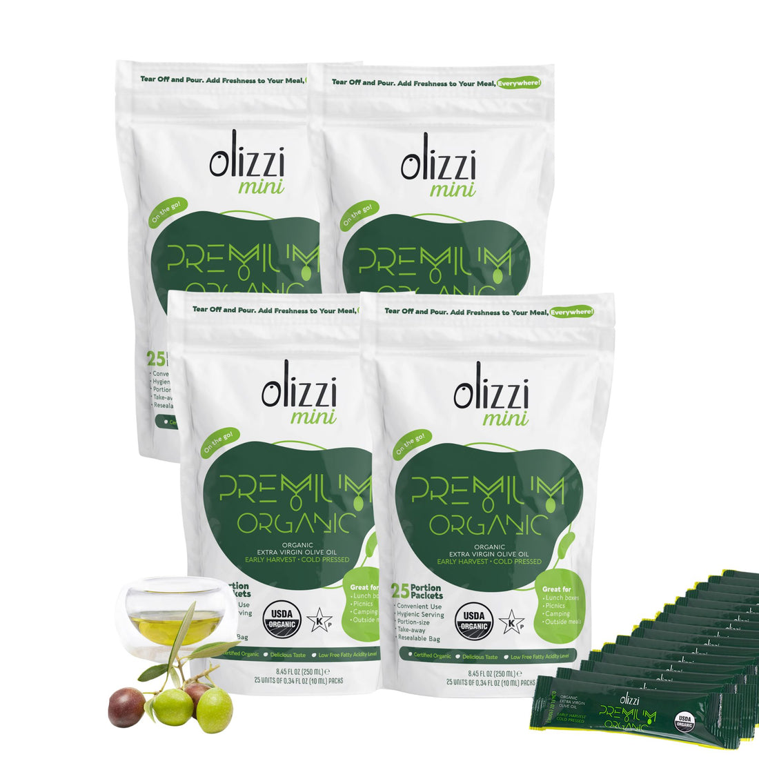 Olizzi Premium Organic Extra Virgin Olive Oil, Award Winner, Early Harvest, Cold Pressed Single Use Olive Oil Packets - 4 Units of 25 Packs, 0.34 FL OZ X 100 Unit