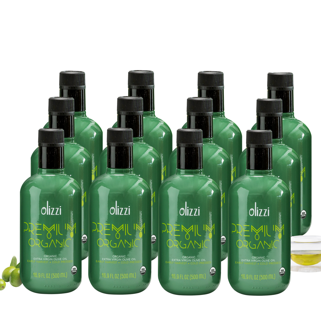 Olizzi Premium Organic Extra Virgin Olive Oil, Award Winner, Early Harvest, Cold Pressed - 12 X 16.9 FL OZ