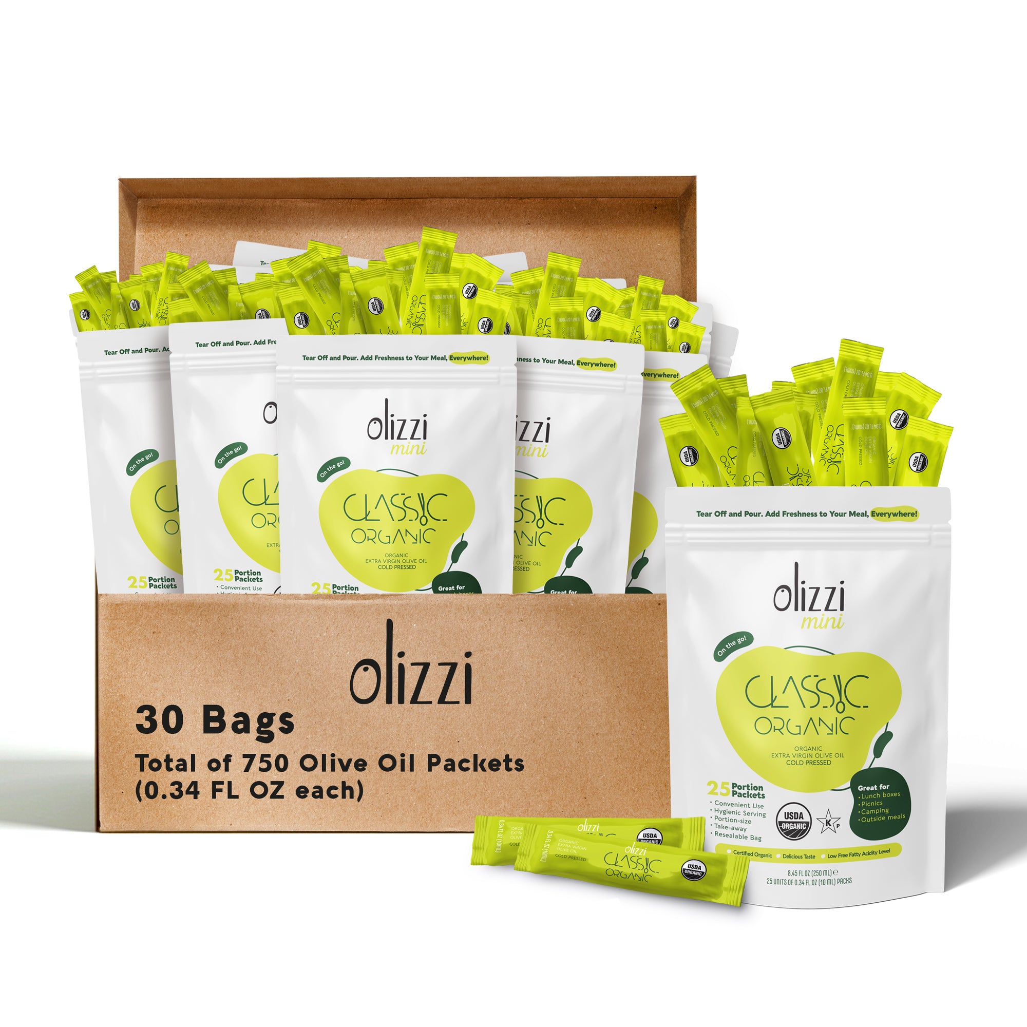 Olizzi Classic Organic Olive Oil Packets Extra Virgin Cold Pressed, New Harvest, Hand Picked, USDA Organic, Kosher, Smooth and Fruity EVOO, Salad Dressing, Individual Packets - 25 Single Use Packs