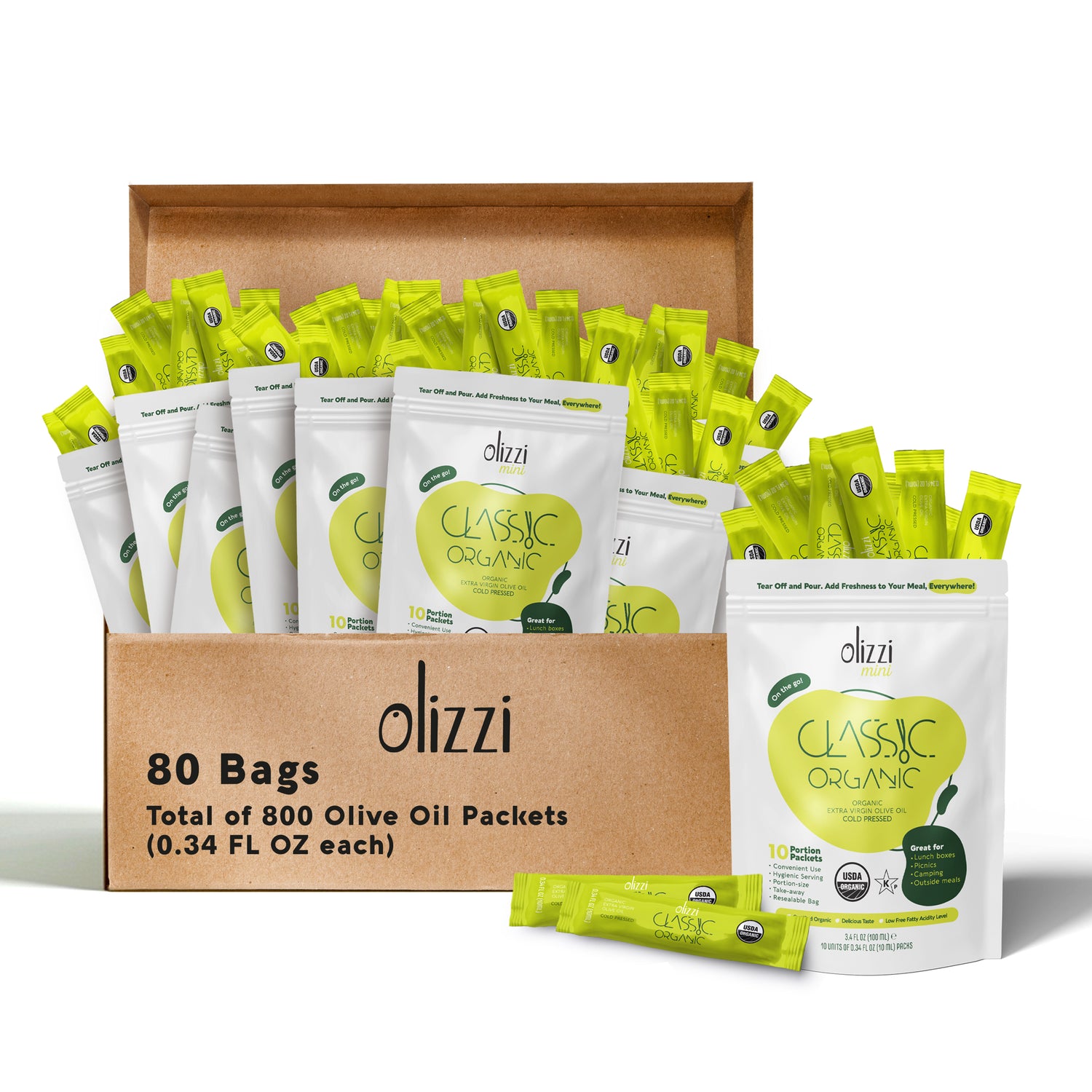 Olizzi Classic Organic Olive Oil Packets Extra Virgin Cold Pressed, New Harvest, Hand Picked, USDA Organic, Kosher, Smooth and Fruity EVOO, Salad Dressing, Individual Packets - 10 Single Use Packs