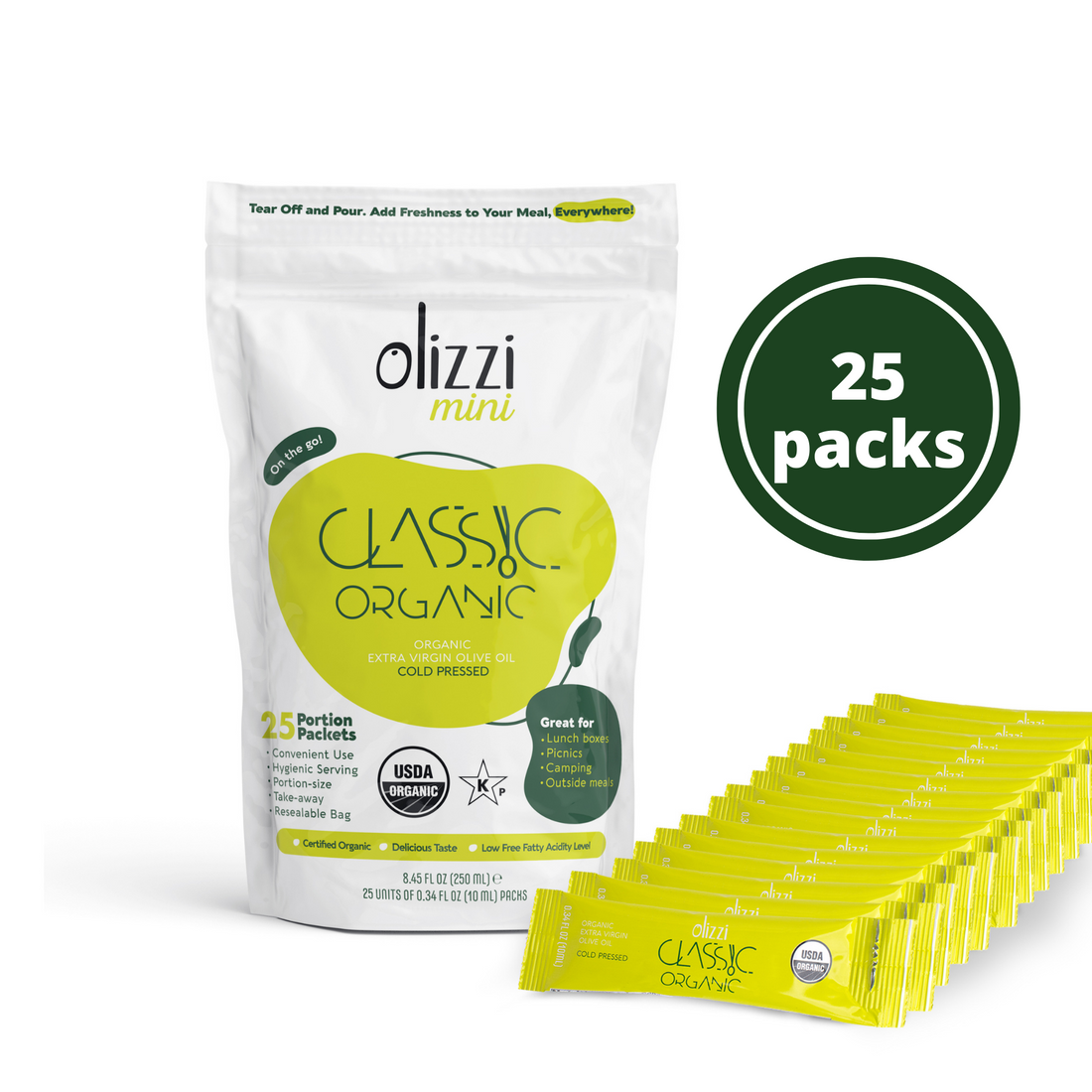 Olizzi Classic Organic Olive Oil Packets Extra Virgin Cold Pressed, New Harvest, Hand Picked, USDA Organic, Kosher, Smooth and Fruity EVOO, Salad Dressing, Individual Packets - 25 Single Use Packs