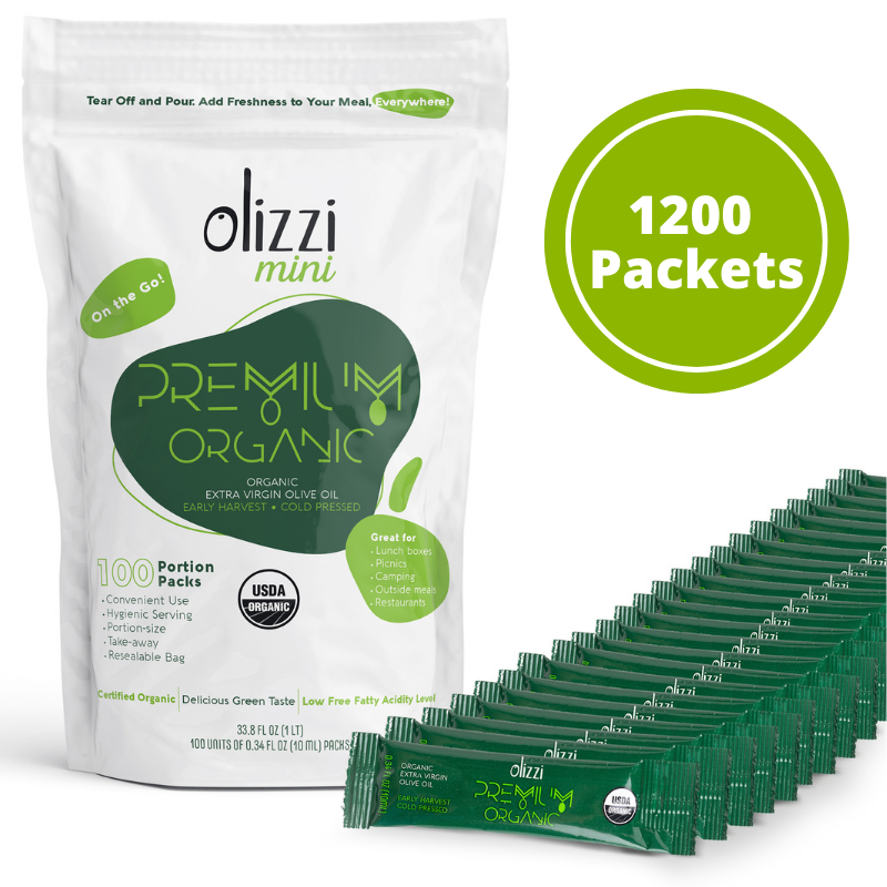 Bulk - 1200 Packets of Olizzi Premium Organic Single Use Extra Virgin Olive Oil Packets - 0.34 FL OZ X 100 UNITS - Case of 12 (Total of 1200 Packets)