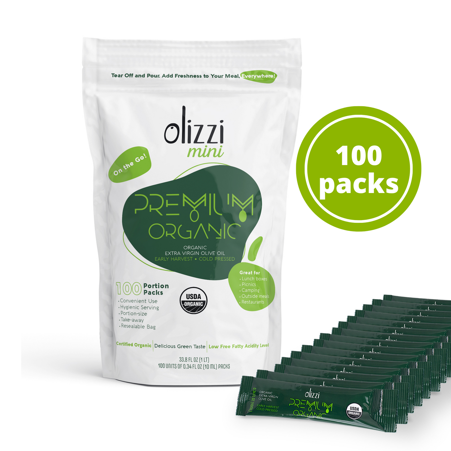 Olizzi Premium Organic Extra Virgin Olive Oil, Award Winner, Early Harvest, Cold Pressed Single Use Olive Oil Packets 0.34 FL OZ X 100 Unit