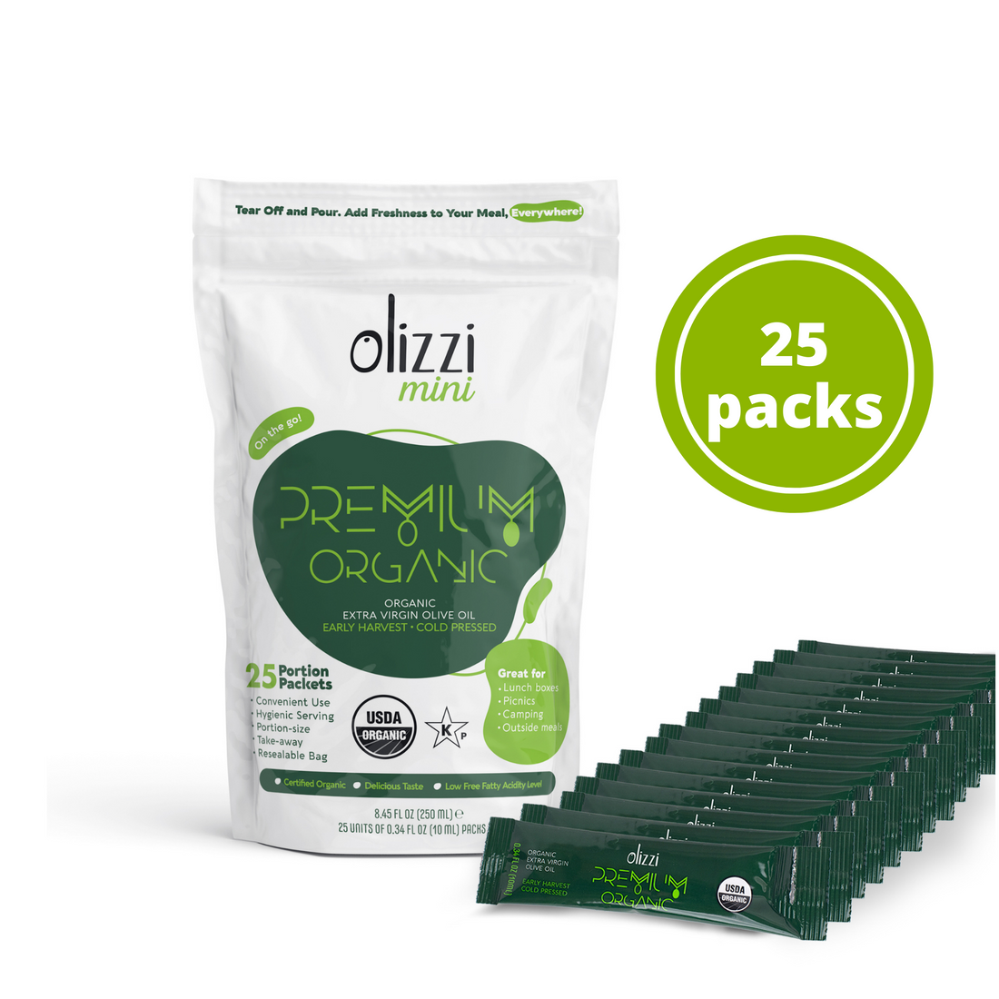Olizzi Premium Organic Extra Virgin Olive Oil, Award Winner, Early Harvest, Cold Pressed Single Use Olive Oil Packets 0.34 FL OZ X 25 Unit