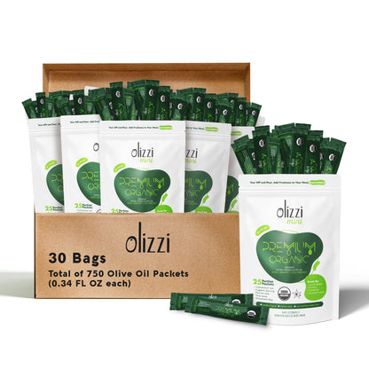Olizzi Premium Organic Extra Virgin Olive Oil, Award Winner, Early Harvest, Cold Pressed Single Use Olive Oil Packets 0.34 FL OZ X 25 Unit