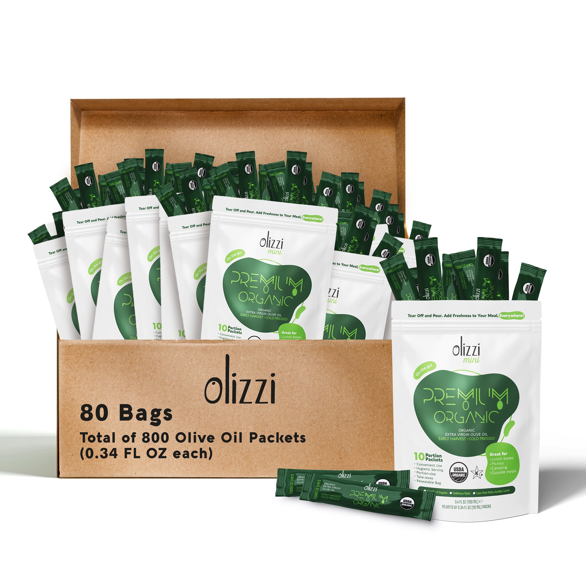 Olizzi Premium Organic Extra Virgin Olive Oil, Award Winner, Early Harvest, Cold Pressed Single Use Olive Oil Packets 0.34 FL OZ X 10 Unit
